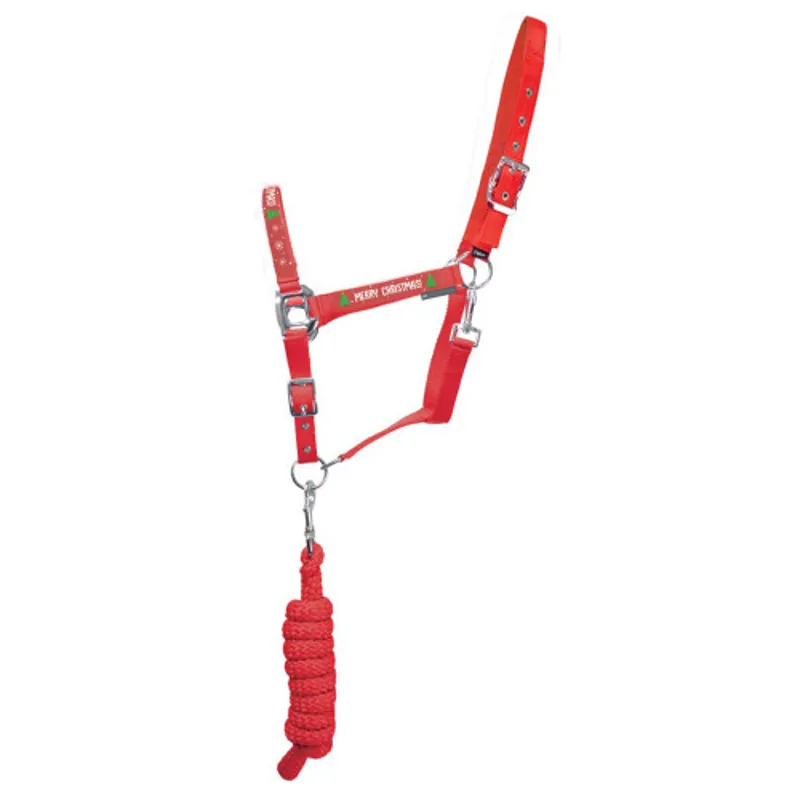 Hy Equestrian Merry Christmas Head Collar and Lead Rope Red