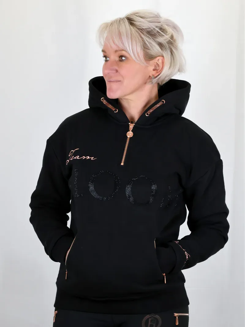 Team Bloomfields Luna Rhinestone Logo Hoodie in Black and Rose Gold-1