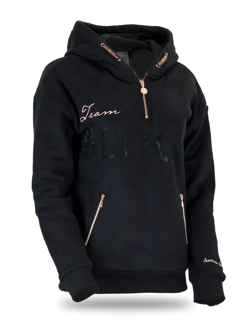 Team Bloomfields Luna Rhinestone Logo Hoodie in Black and Rose Gold