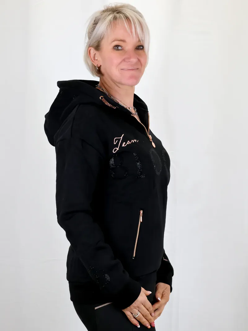 Team Bloomfields Luna Rhinestone Logo Hoodie in Black and Rose Gold-3