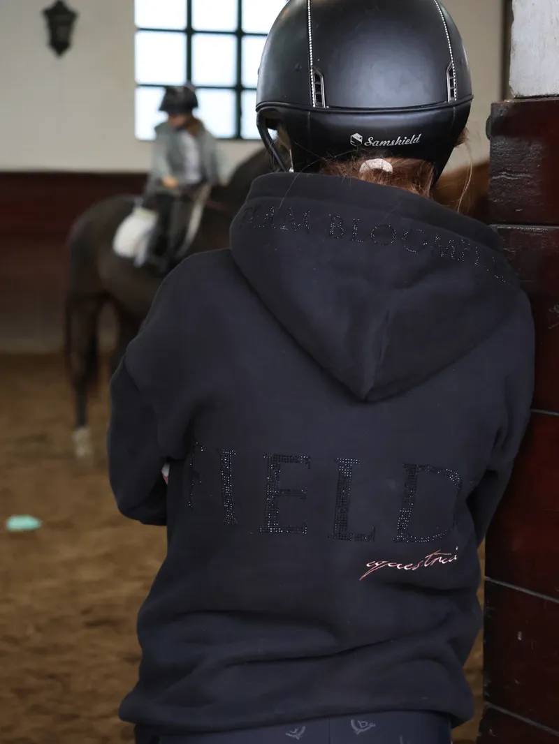 Team Bloomfields Luna Rhinestone Logo Hoodie in Black and Rose Gold-4